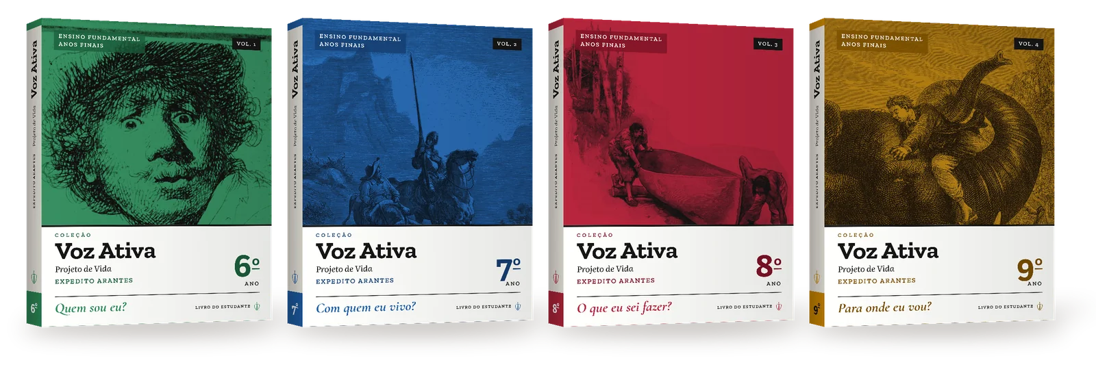 Os quatro livros da Coleção Voz Ativa em pé, lado a lado: 6º ano verde, 7º azul, 8º vermelho e 9º âmbar.