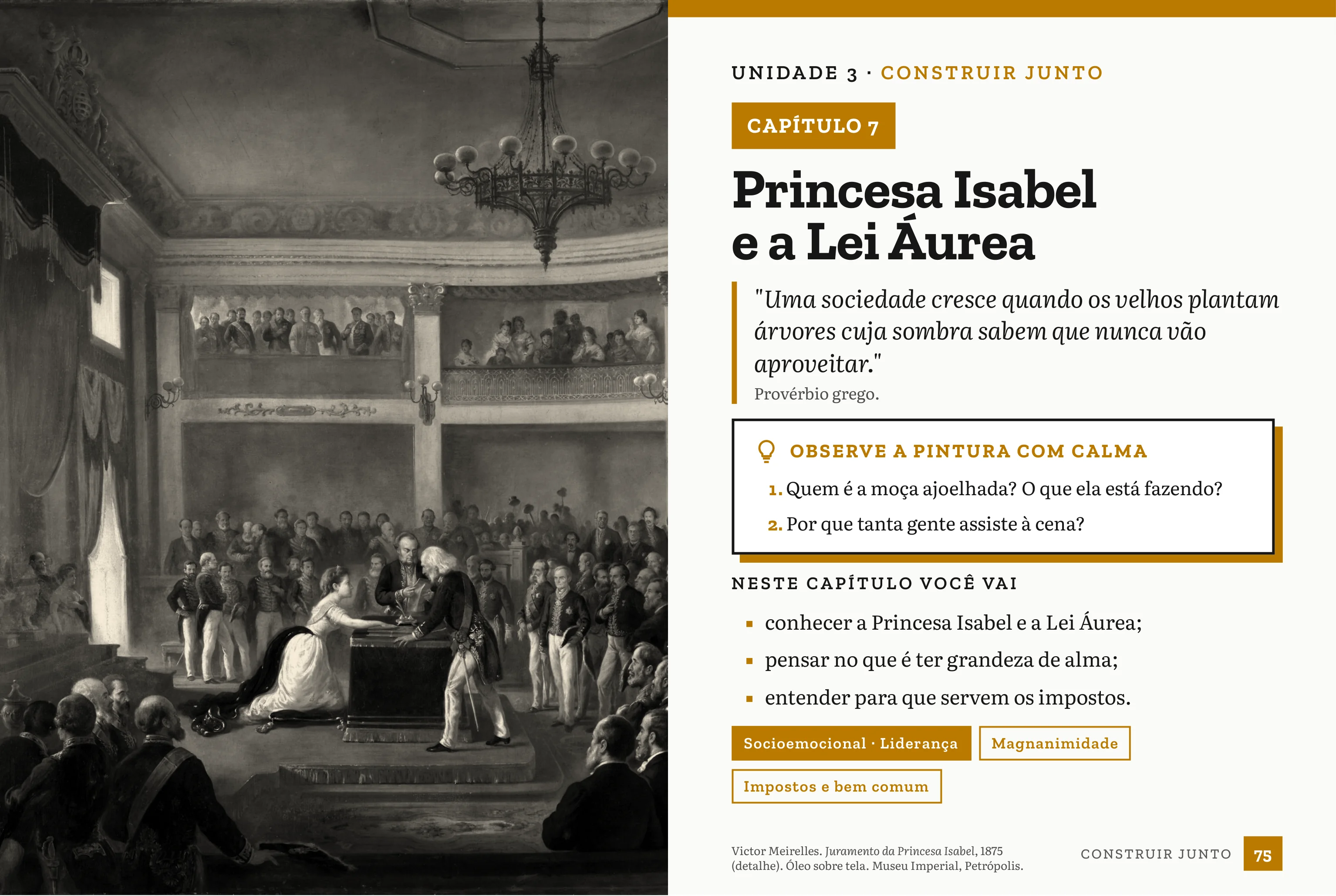 Páginas de abertura do capítulo Princesa Isabel e a Lei Áurea, com a pintura de Victor Meirelles.